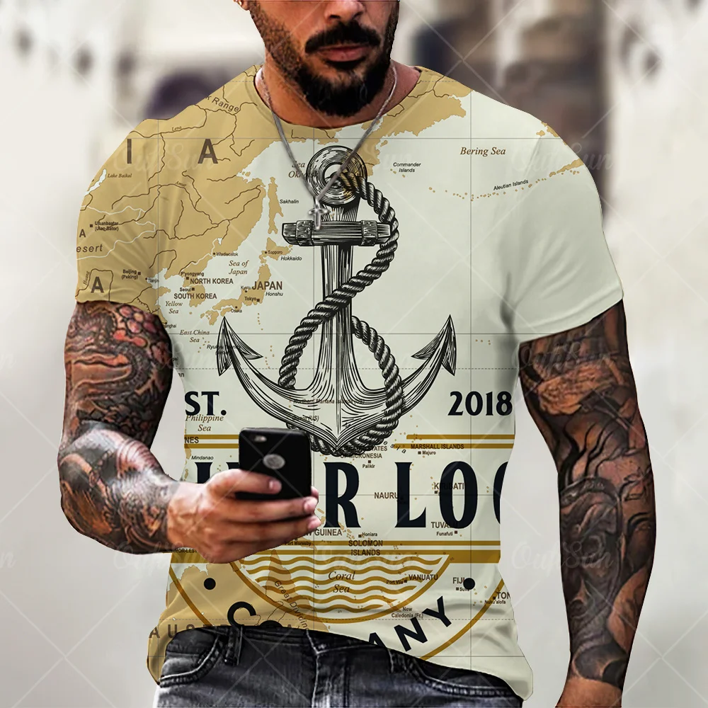 Купи Fashion Boat Anchor Print 3D T Shirts For Men Summer O-Neck Short Sleeve Tops Casual Tees Loose T-Shirts Casual Men Clothing 6XL за 149 рублей в магазине AliExpress