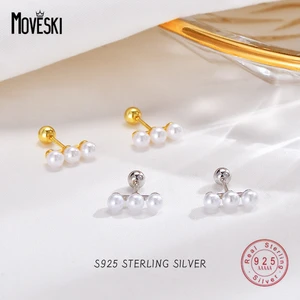 MOVESKI 925 Sterling Silver White Pearl String Stud Earrings Women Fashion Simple Anniversary Party Jewelry