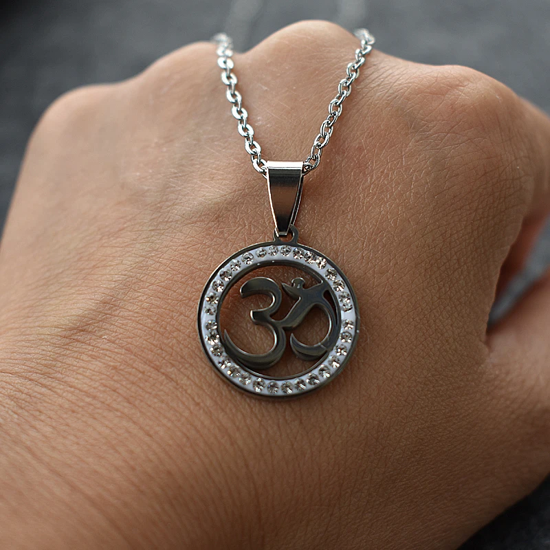 Stainless Steel OM Symbol Pendant Necklace Silver Color Pave CZ Crystal OM Yoga Long Chain Necklace Jewelry for Women Men images - 6