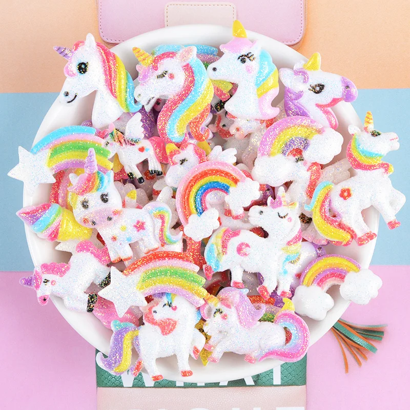 

20Pcs Resin Glitter Unicorn Rainbow Kawaii Flatback Cabochon Cream Glue DIY Accessory Kid Bowknot Hairpin Earring Craft Material