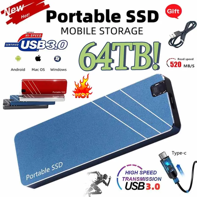 

Original Portable SSD High Speed 500GB 4TB 8TB 16TB 64TB SSD External Solid State Drive USB3.0 Type-C Hard Disk for Laptops