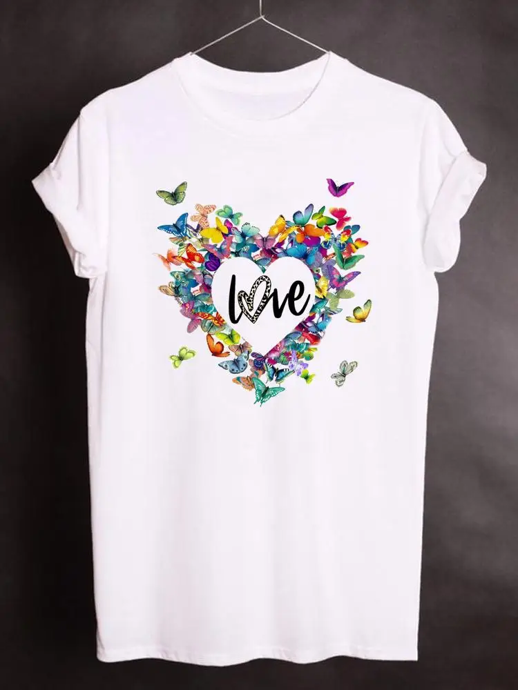 

Love Heart Butterfly 90s Print T Shirt Short Sleeve Women Summer Clothes Kawaii Graphic T-shirt Fashion Basic Clothing Tee Top