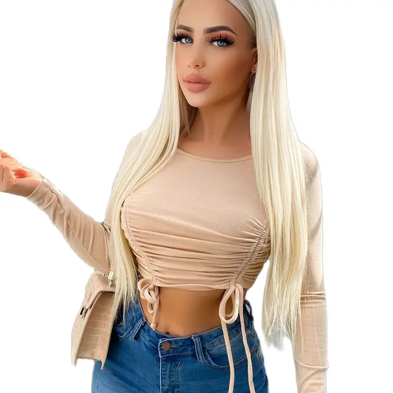 

Женская футболка с длинным рукавом, модный трендовый укороченный топ с завязками и складным пупком, Новинка осени 2022