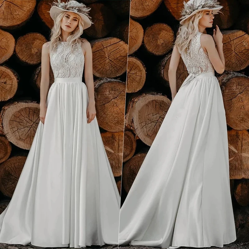 

Elegant A-Line O-Neck Wedding Dress Simple Sleeveless Lace Appliques Bridal Gown Off The Shoulder Button Train Vestido De Novia