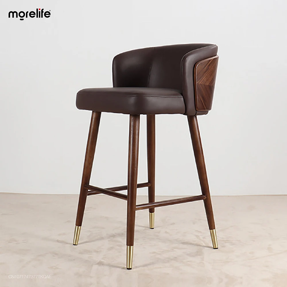 

Скандинавский барный стул, роскошный барный стул из твердой древесины, современный минималистичный стул из искусственной кожи, спинка барного стула, спинка, стул для отдыха и дома