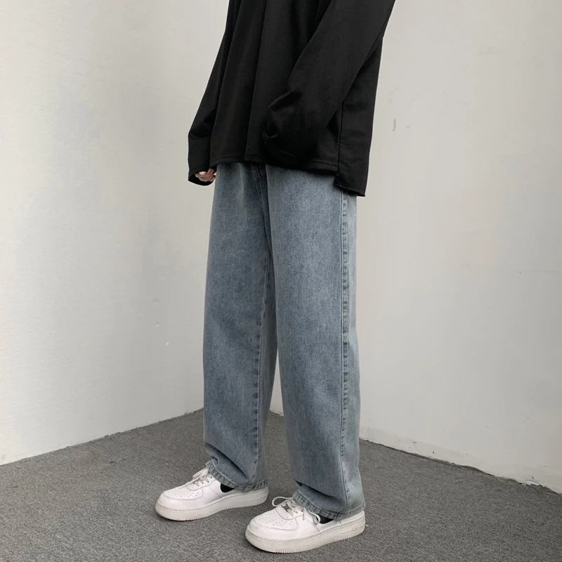 Mens Baggy Jeans Vintage Blue Drawstring Elastic Waist Wide Legs Straight Denim Pants Korean Trousers Casual Male Brand Clothing