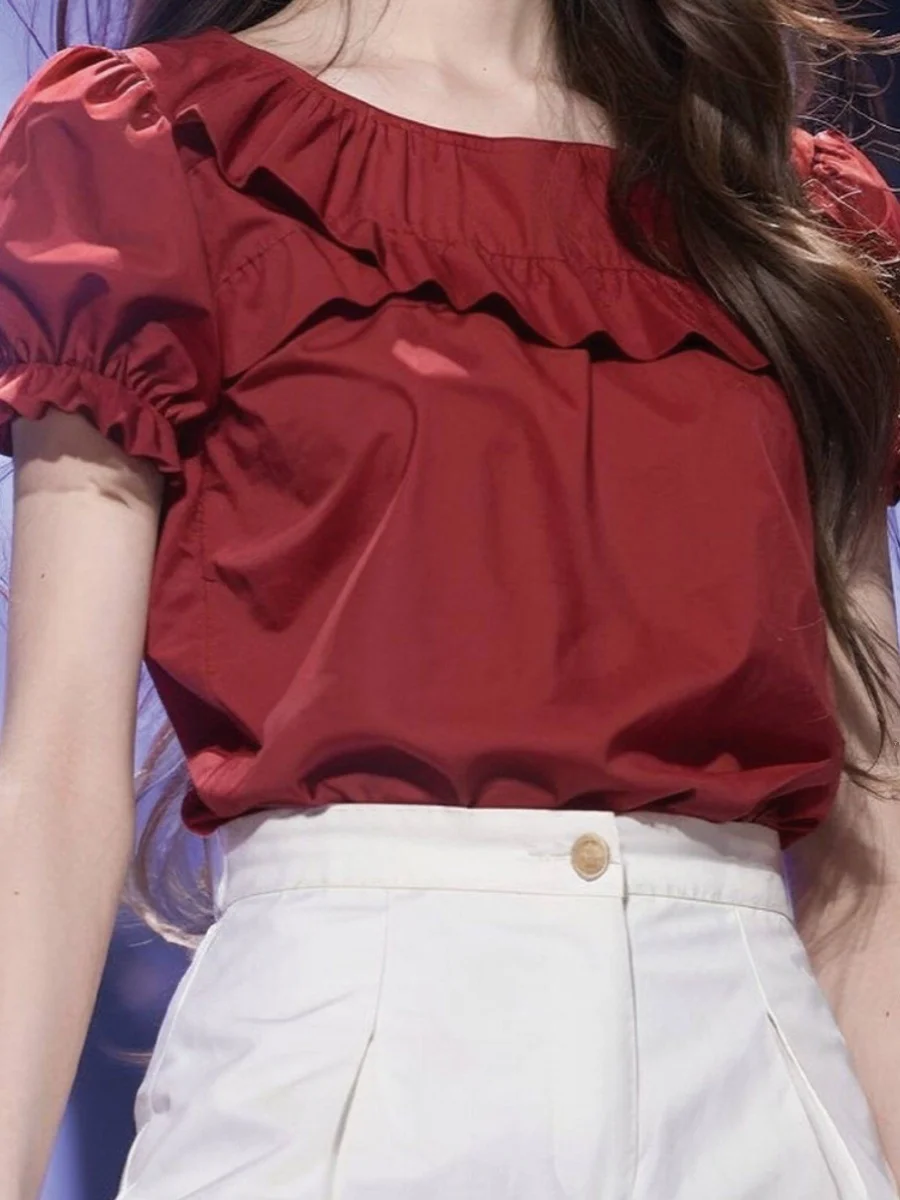 Женская рубашка с коротким рукавом красная оборками во французском стиле Милый