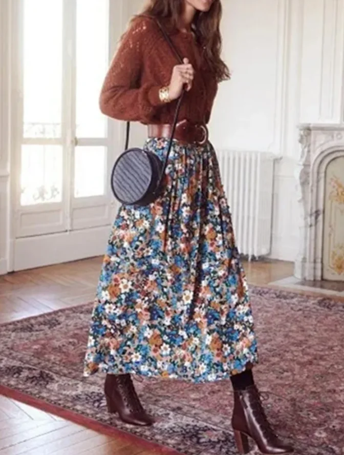 

Women Skirt Pleated Floral Print Buttons Elegant Split Jupe Cotton Vintage