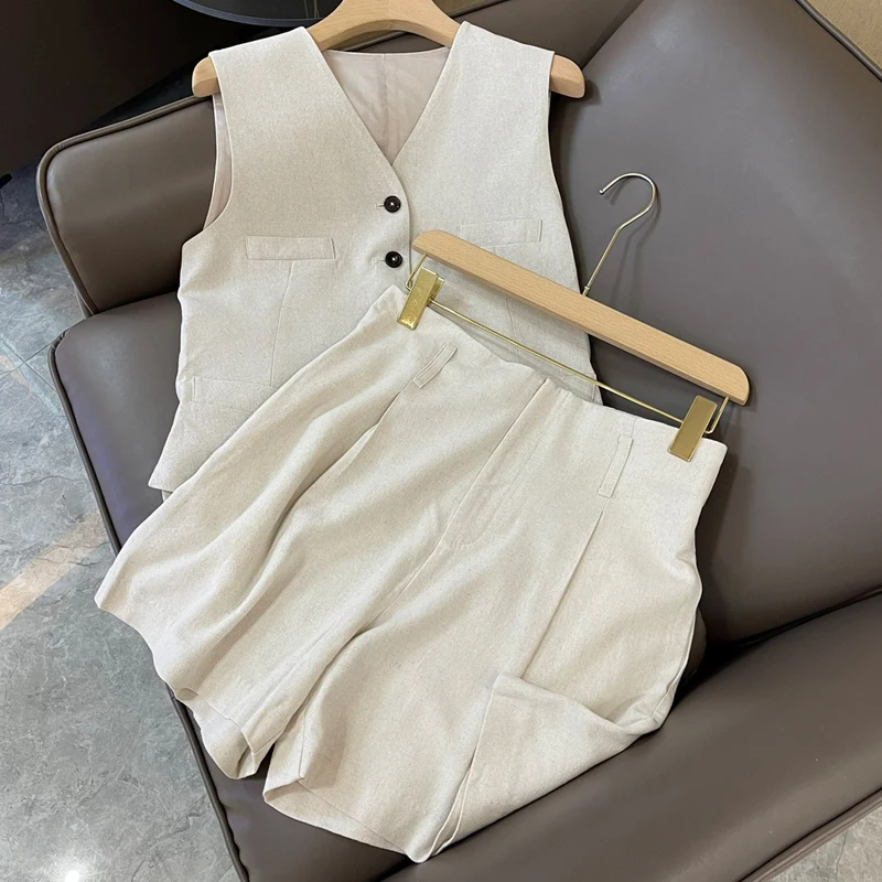 Женский офисный комплект из 2 предметов Свободный Топ хлопка и льна с V-образным