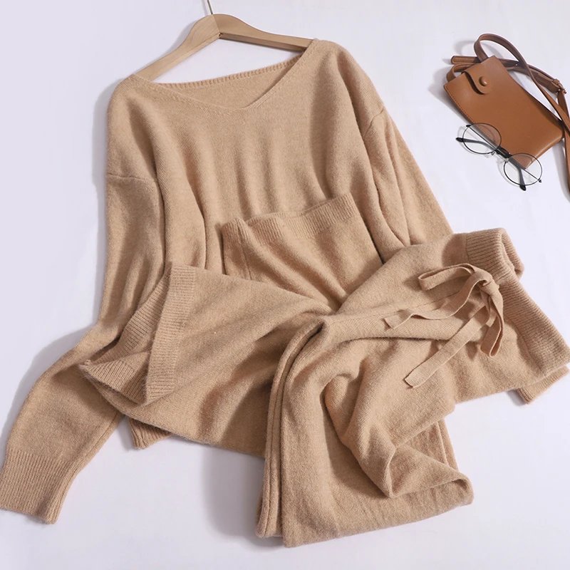 

Autumn Loose V-neck Long-sleeved Sweater Women Two-piece Elegant Casual Lace-up High Waist Wide-leg Pants Suit Women 2-piece