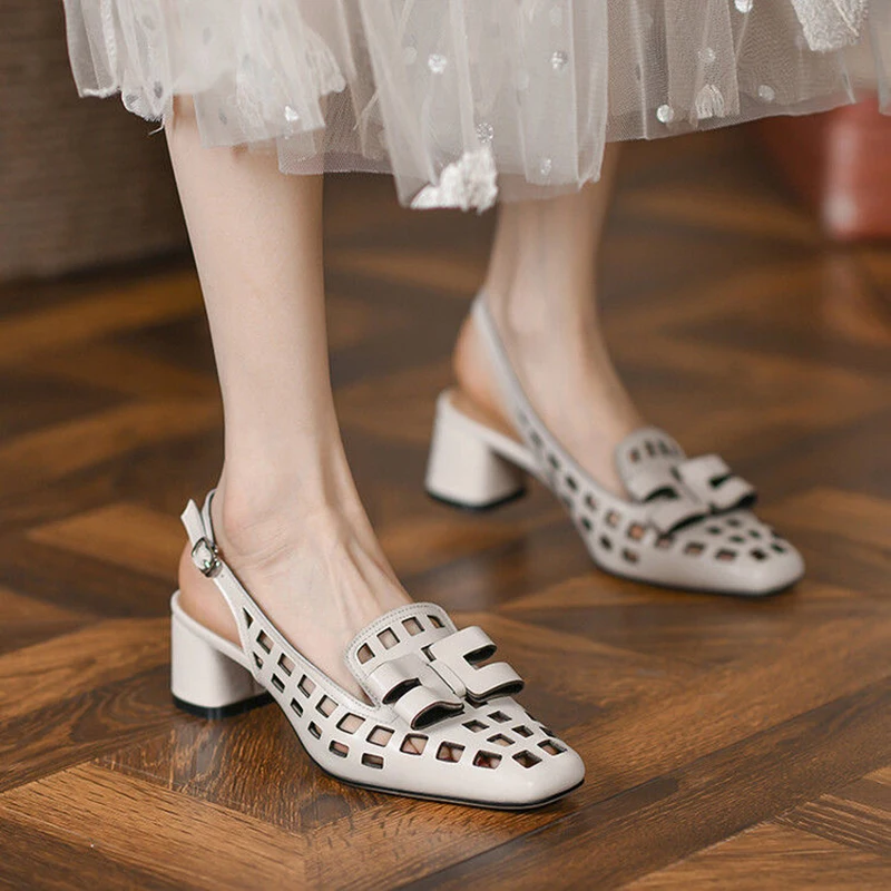 Black Square Head Hollow Women Sandals 2023 Fashion Buckle Strap Non-slip Shoes Vintage Comfor High Heels Roman Party Chaussure