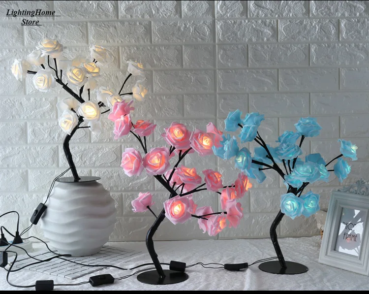 

Rose Flower Table Lamp 24LED Bedside Bedroom Night Light Home Decor Simulation Tree White Pink Rose Lamp Wedding Party