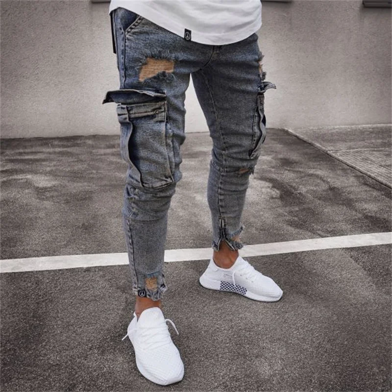 

2022 Newest Europe America Style Men Denim Pants Vintage Multi Cargo Elasticity Stretchy Solid Pencil Straight Jeans Trousers