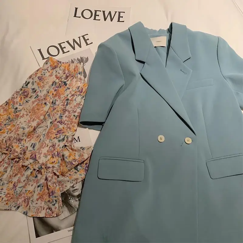 

Женский двубортный блейзер с коротким рукавом, однотонный офисный Блейзер большого размера с отложным воротником, одежда для работы, лето