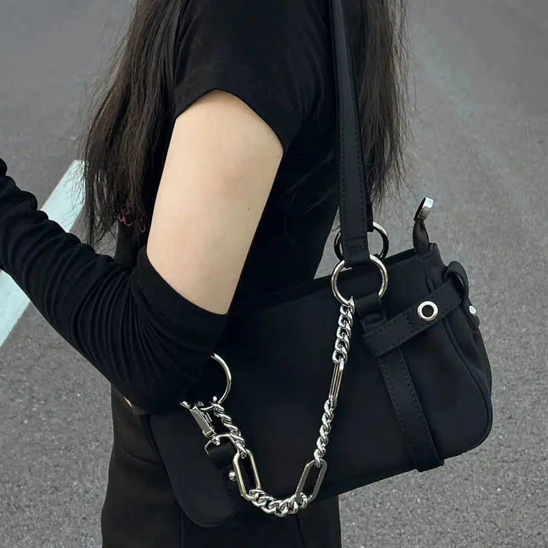 

Gothic Handbags for Women Trendyol Moto Biker New Black Underarm Shoulder Bag Solid Colour Street Lady Bolso Mujer