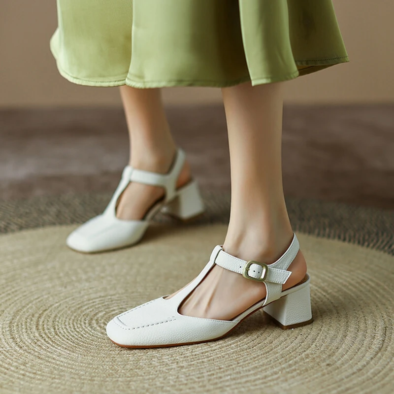 

NEW Summer Sandals Women Square Toe Chunky Heel Shoes Mid Heel Split Leather Shoes Women Solid Cover Toe Female Shoes Mary Janes