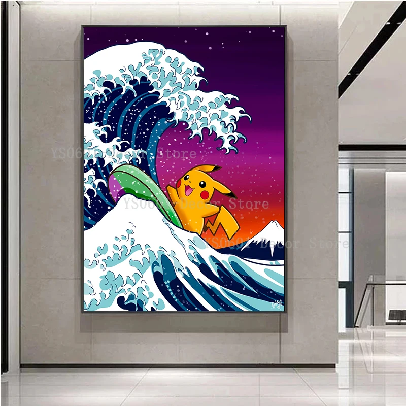 

The Great Wave Off Kanagawa Posters Pokemon Pikachu Canvas Painting Japanese Anime Wall Art Pictures Mural Home Decor