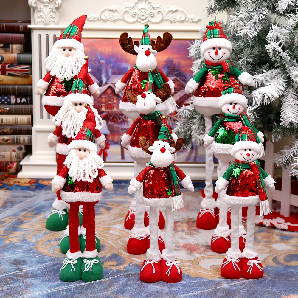 

Christmas Decorations for Home New Year 2023 Telescopic Pole Red Green Sequins Santa Elk Snowman Doll Ornaments Navidad Natal