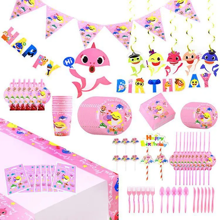 

Ocean Shark Cute Baby Birthday Party Pink Party Decoration Disposable Tableware Girl Pink Happy Birthday Party Decoration Gift
