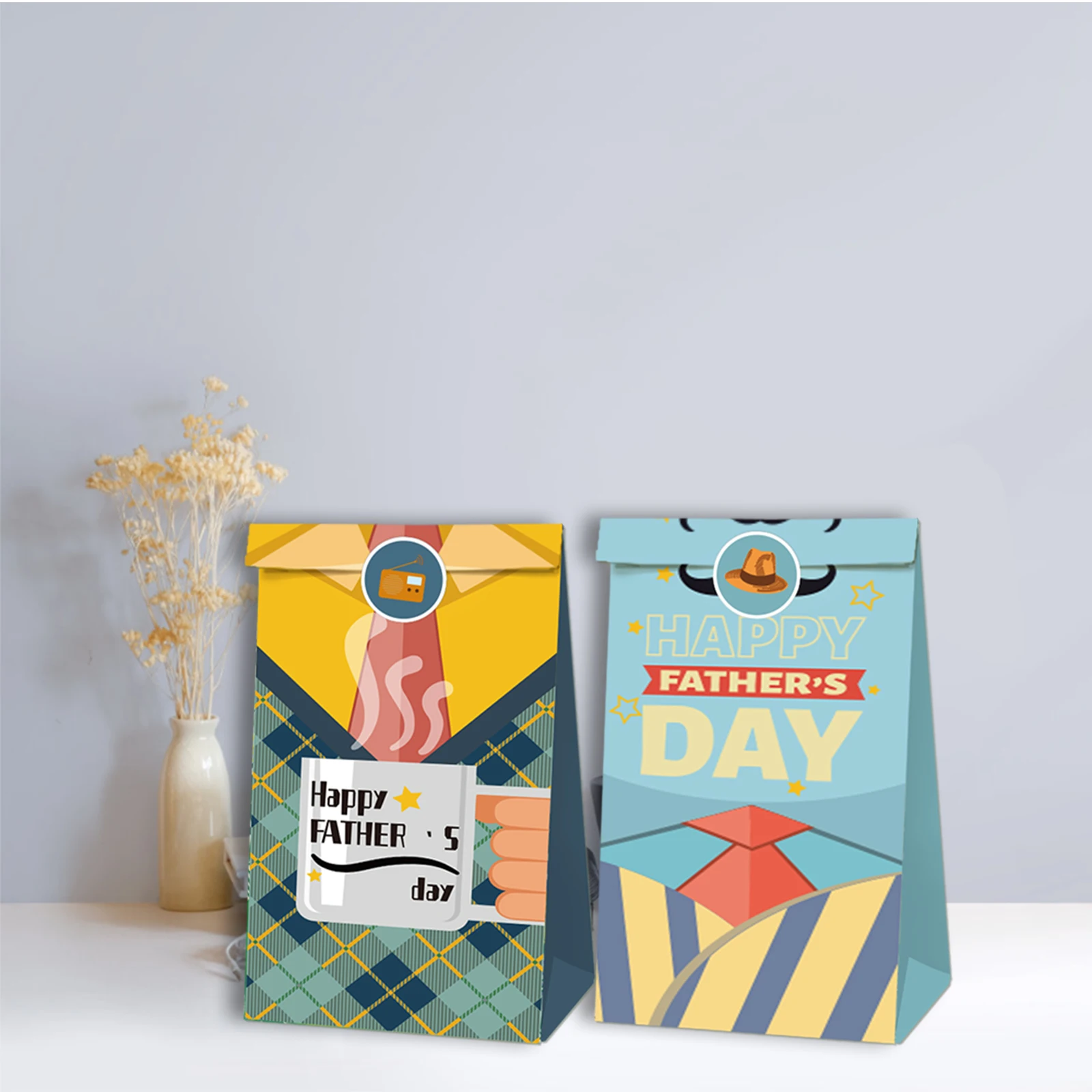 

LB087 12Pcs Happy Father's Day Cool Gentleman Dad's Birthday Party Candy Kraft Paper Gift Bags Thank You Party Decorations