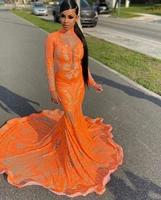 orange prom dresses for black girls 2022 luxury mermaid style sequin high neck long sleeve formal evening gala gowns for wedding