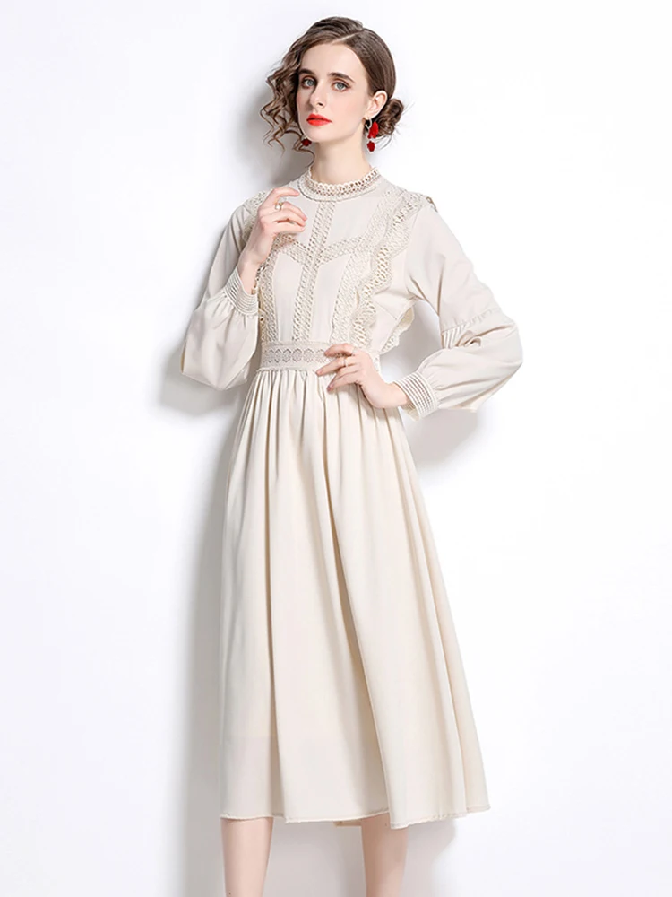 

LY VAREY LIN New Spring Autumn Women Elegant Lace Stand Collar Long Sleeve Dress Female Fashion Slim High Waist A-line Dress
