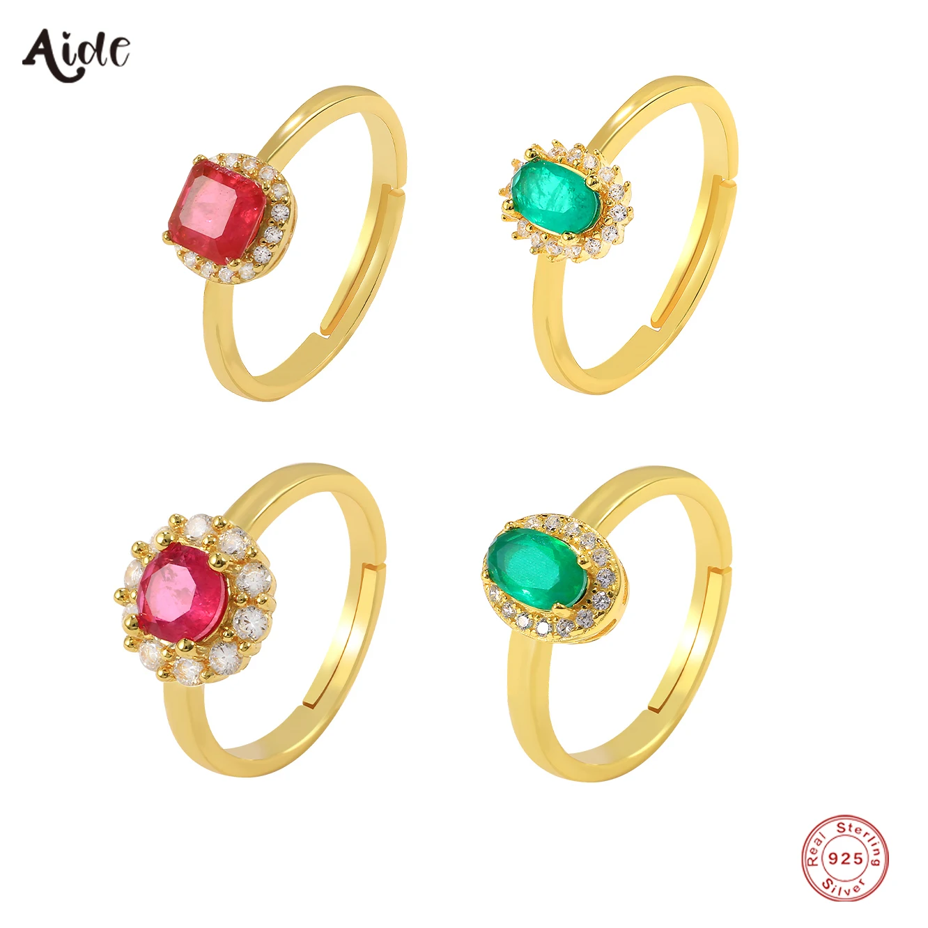 

Aide 925 Sterling Silver Natural Oval Round Square Tourmaline Adjustable Rings for Women Gift Luxury Sparkling Zircon Pave Ring