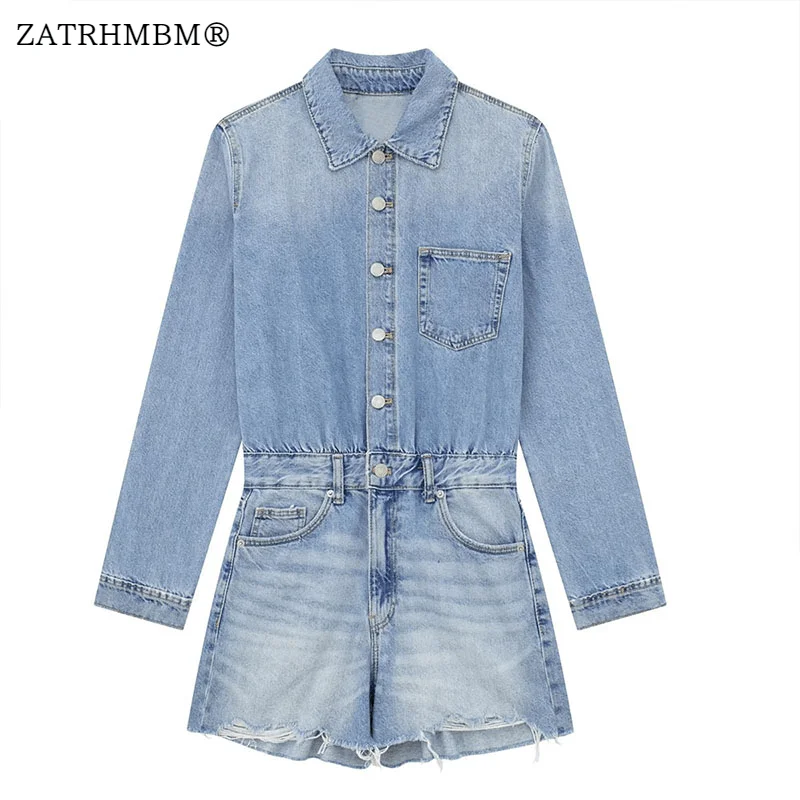 

ZATRHMBM Женский Осенний модный джинсовый комбинезон с длинным рукавом винтажный Повседневный женский короткий комбинезон на пуговицах с боковыми карманами Mujer 2023