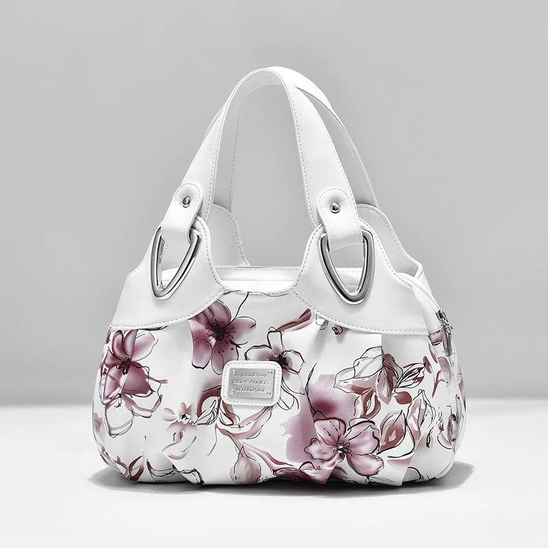

2022 Fashion Handbag Women PU Leather Bag Tote Bag Printing Handbags Satchel -Dream Safflower + White Handstrap