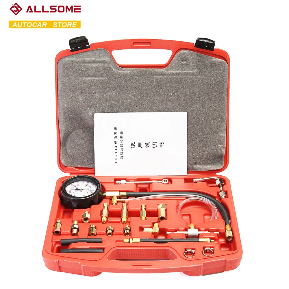 ALLSOME 0-140PSI Fuel Injector Injection Pump Pressure Tester Gauge Kit Car Tools