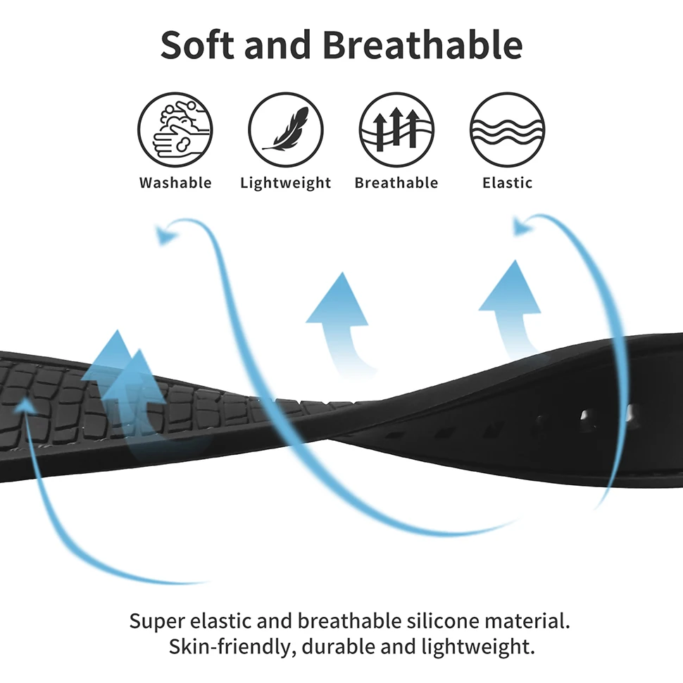 BERNY Silicone Strap Watchbands 20/22mm Black Tyre Pattern Softy Silicone Watch replace Band Skin Breathable Watch Accessories