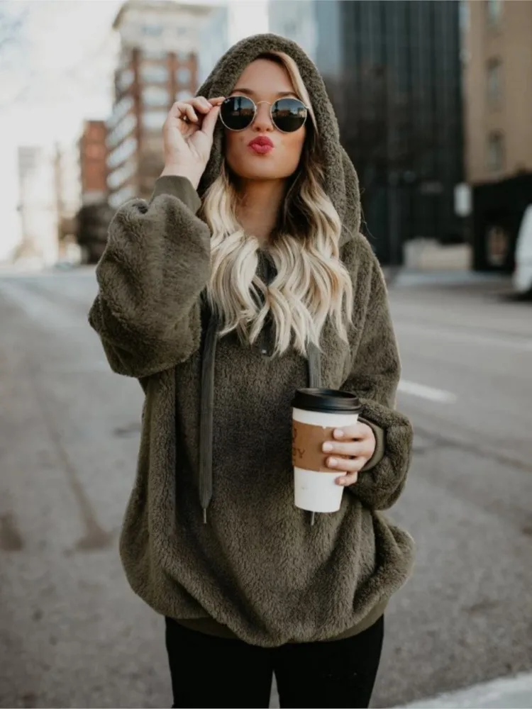 

Plush Fur Long Sleeve Pocket Hooded Coats Women's Zip Collar Warm Thick Pullovers 2023 Autumn Winter Loose Chic Street Outwears