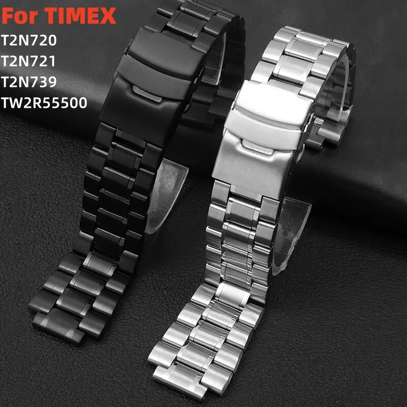 

24*16mm Watch Band for TIMEX T2N720 T2N721 TW2R55500 T2N739 Solid Stainless Steel Strap Men Lug End Metal Bracelet Silver Black
