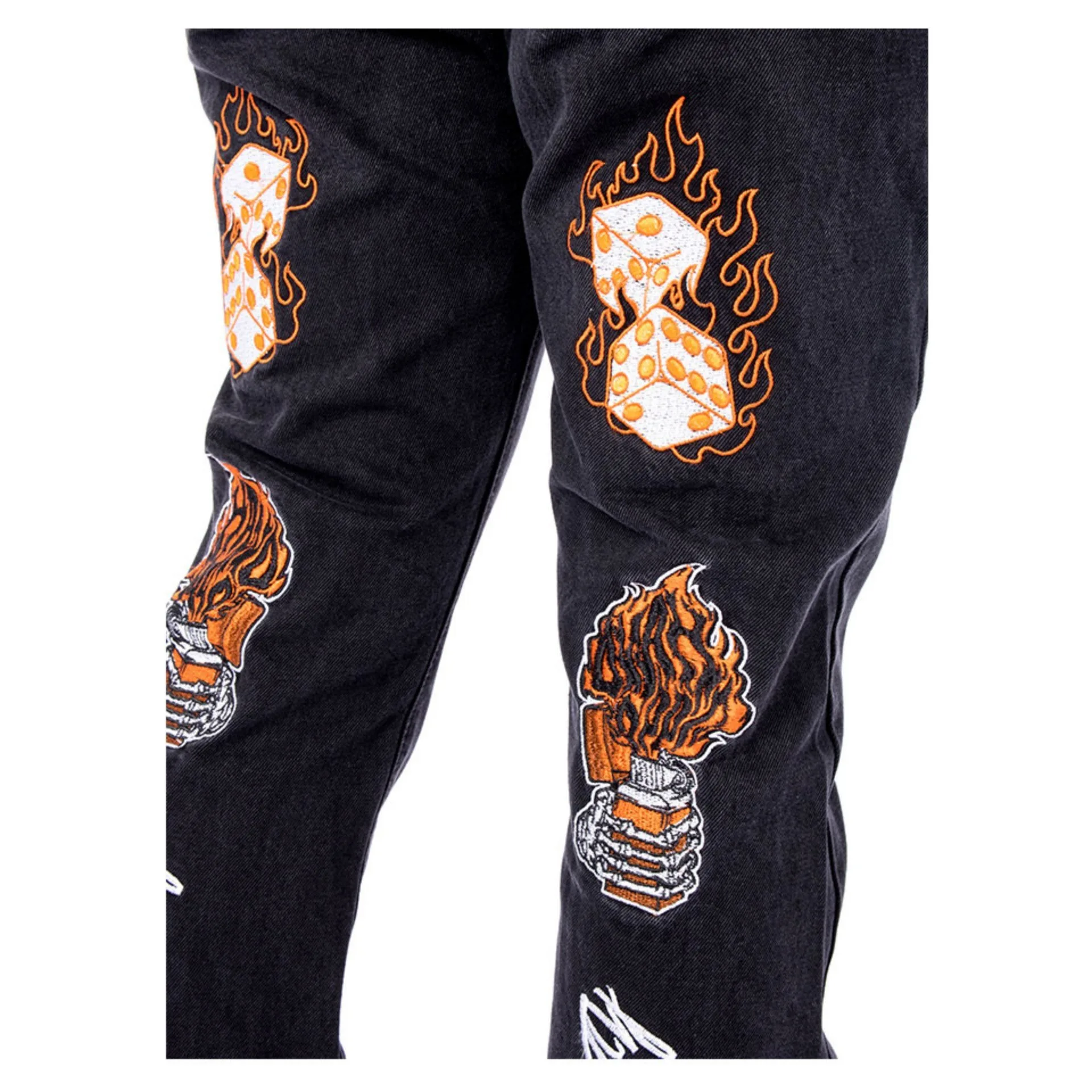 American High Street Heavy Industry Flame Skull Embroidery Jeans Men and Women Fashion Brand Ruffian Shuai Slim Flare Pants