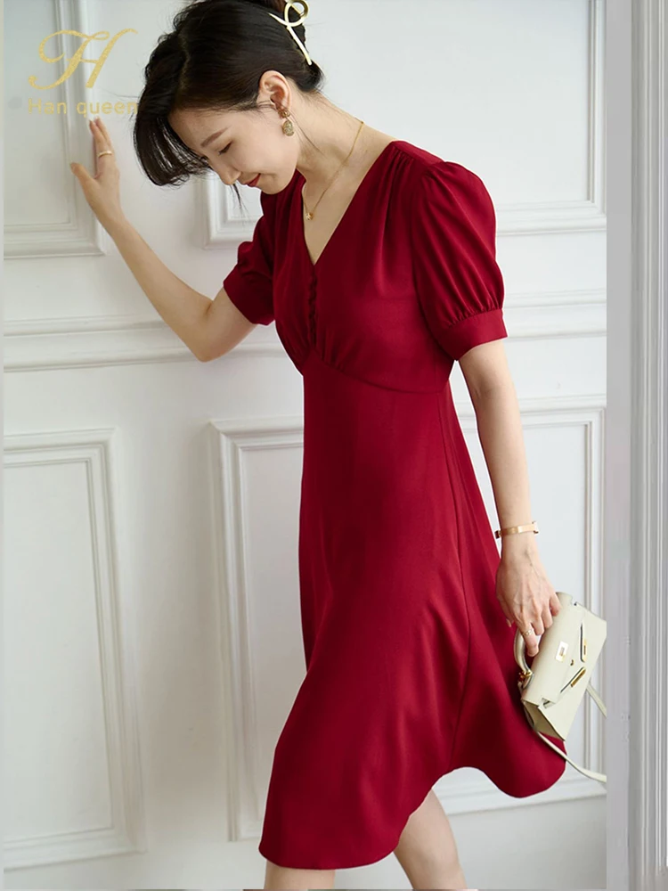 

H Han Queen Summer Elegant Fashion V-Neck Vintage Dress Womens Simple A-Line Office Dresses Short Sleeve Casual Party Vestidos