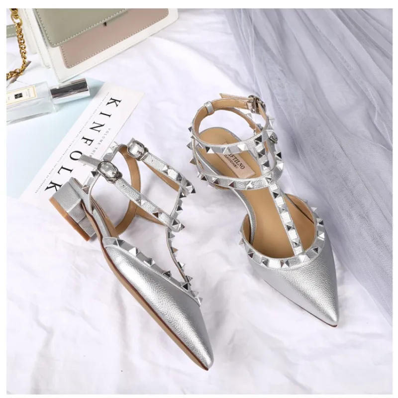 Luxury High Quality Pointed Rivet Sandals Pumps 2023 Genuine Leather New Versatile Bare Feet Lace Up Square Heels Women's Shoes