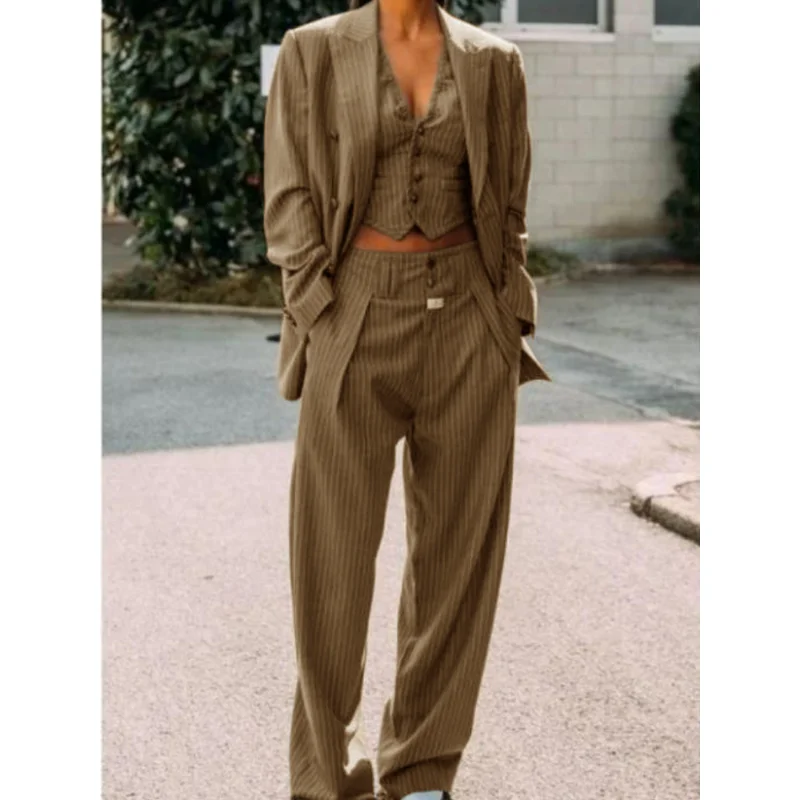 Striped Women's Suit Dress Lapel Single-breasted Button Gray Sexy V-neck Vest Pants Jacket Business Work Coat Three-piece Custom