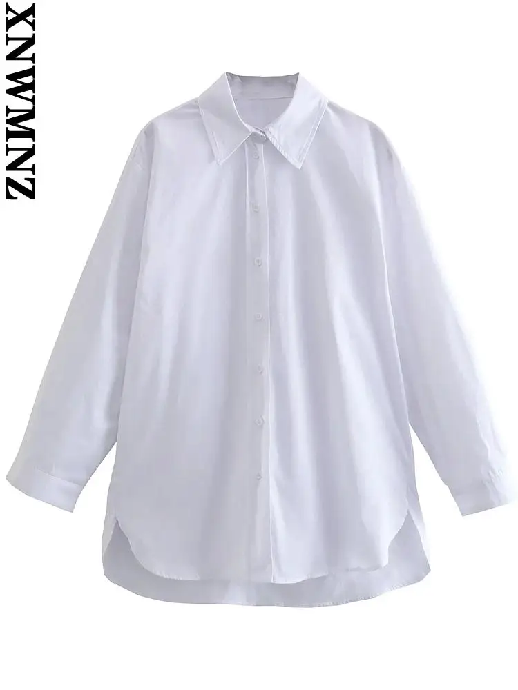 

XNWMNZ Women 2022 fashion oversized asymmetric poplin shirts White vintage long sleeve vents female blouses blusas chic tops