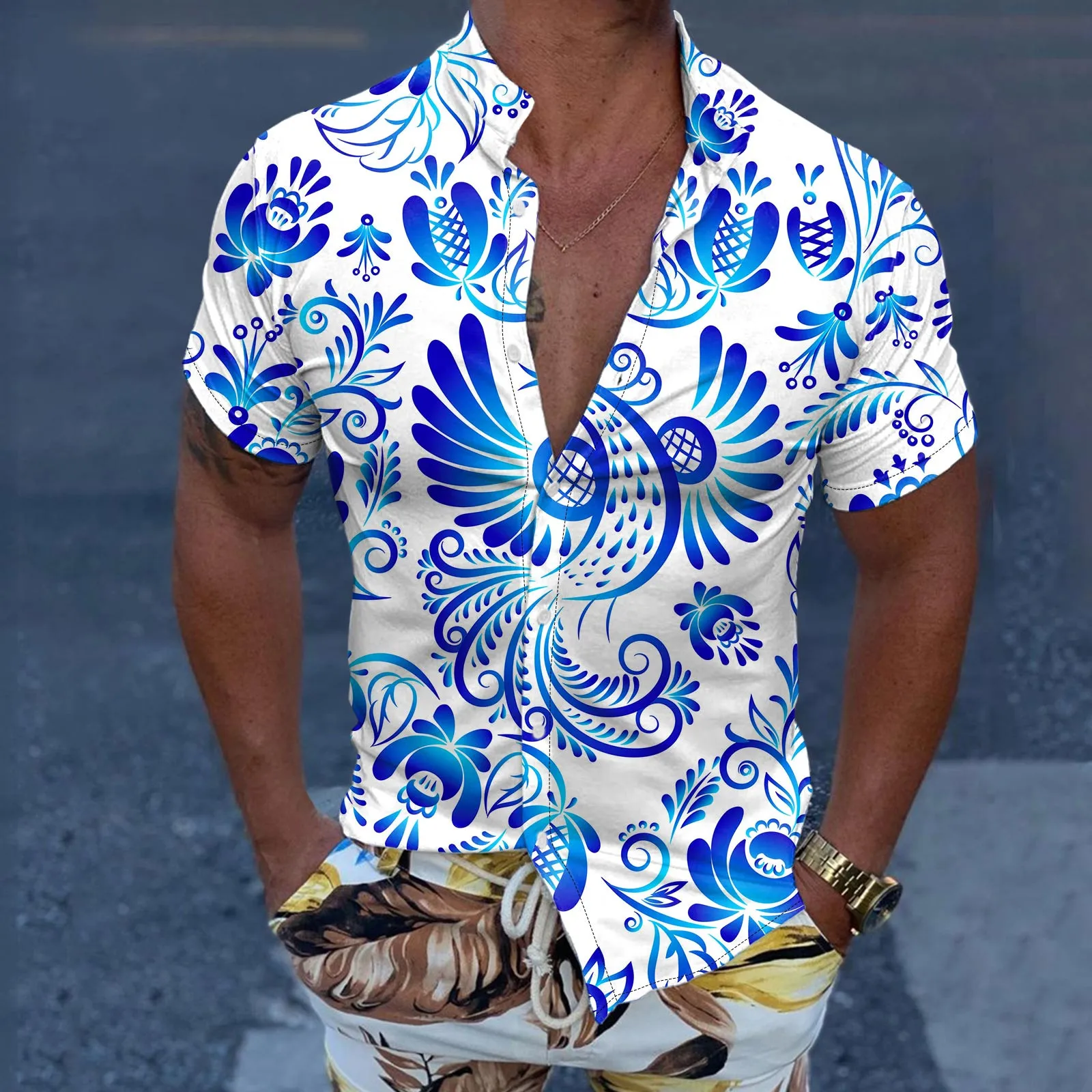 

Men Casual Short Sleeve Spring Summer Turndown Neck 3D Printed Shirts Fashion Top Blouse Shirts