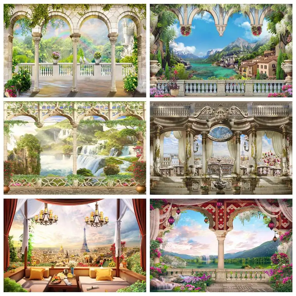 Waterfall Photography Backdrop Rainbow Curtains Palace Marble Arched Door Town Home Viewing Platform Decoration Photo Background