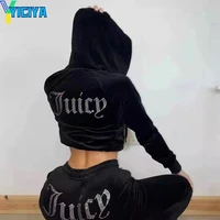 yiciya 2022 winter velvet sport fleece crop top tracksuit women two piece jogging set velour suits met hoodie pants suit womens