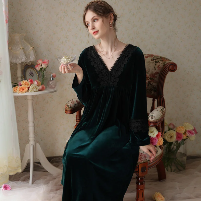 2022 Women Nightdress Fleece V-Neck Lace Sleepshirt Nightwear Elegant Long Dressing Gown Winter Soild Retro Sleepdress Nightgown