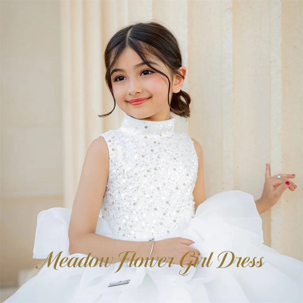 Фото Белое детское платье Meadow Pure White для дня рождения, с воротником-стойкой, без рукавов, для девочек, с блестками и пайетками, для первого причастия №5