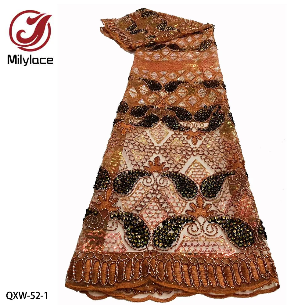 

Fashion Sequins Lace Fabric High Quality Lace Sequins Embroidery French Mesh Nigerian Lace Fabrics for Wedding Dress QXW-52