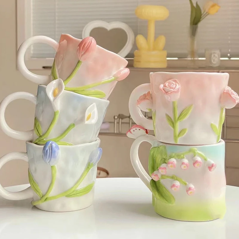 

Handmade Flower Ceramic Coffee Cup Home Office 3D Rose Pastoral Mug Breakfast Teacup Microwave Safe Kitchen Drinkware Mug Gift