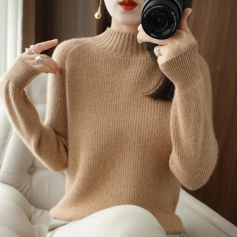 Autumn/winter cardigan women's half-turtleneck loose thickened sweater solid color pullover cashmere sweater cropped knitlegging