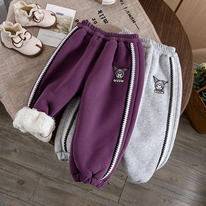 

Kawaii Sanrio New Children Trousers Kuromi Cute Anime Embroidery Warm Outdoor Sports Soft Thickened Casual Pants Funny Girl Gift
