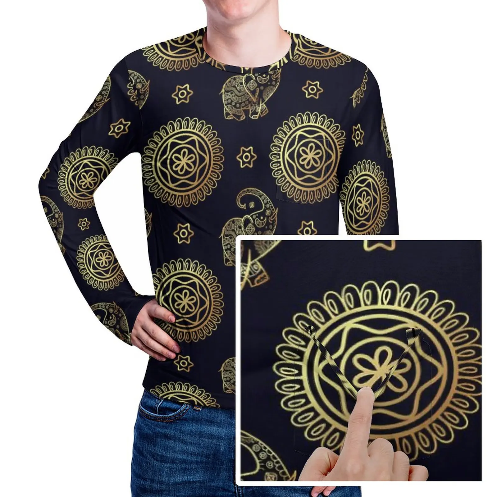 

Sacred Elephant T-Shirt With Pocket Vintage Animal Popular T Shirts Male Classic Tshirt Long Sleeve Design Tops Plus Size