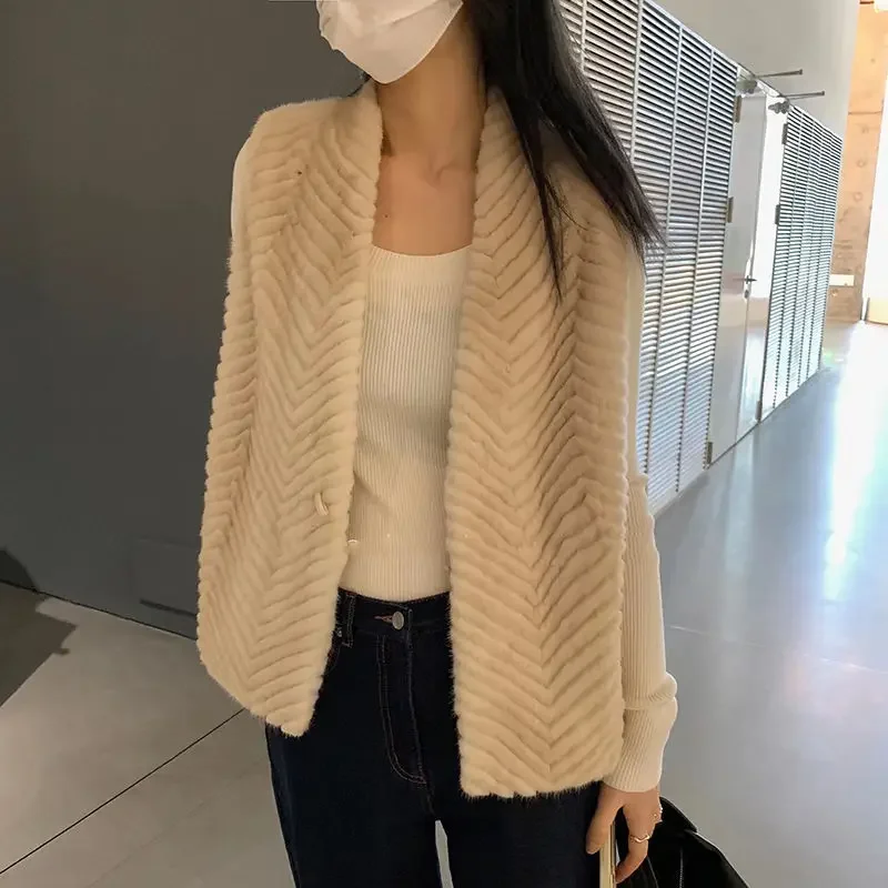 Женский короткий жилет из искусственного меха свободный Трикотажный с V-образным