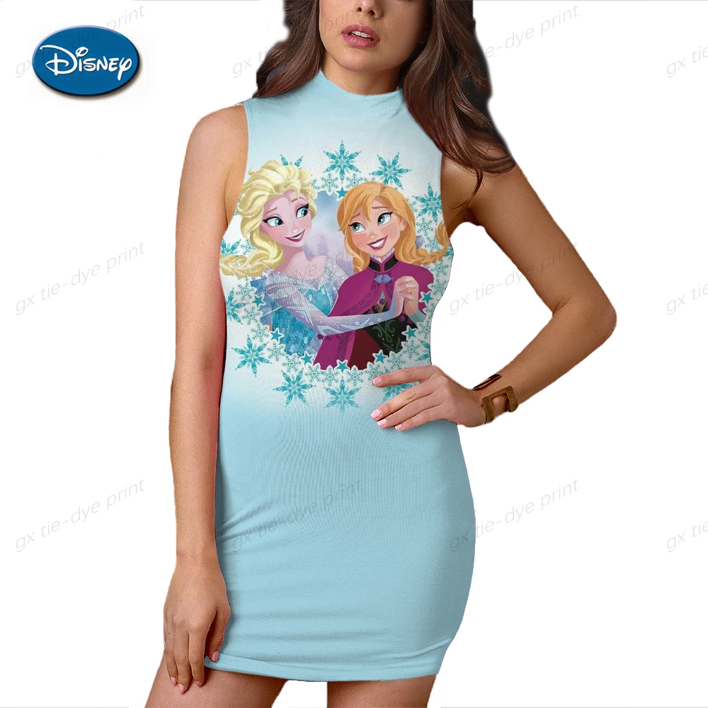 

Сексуальное облегающее платье без рукавов с мультяшным принтом диснеейской принцессы, летнее модное платье, яркое пляжное платье